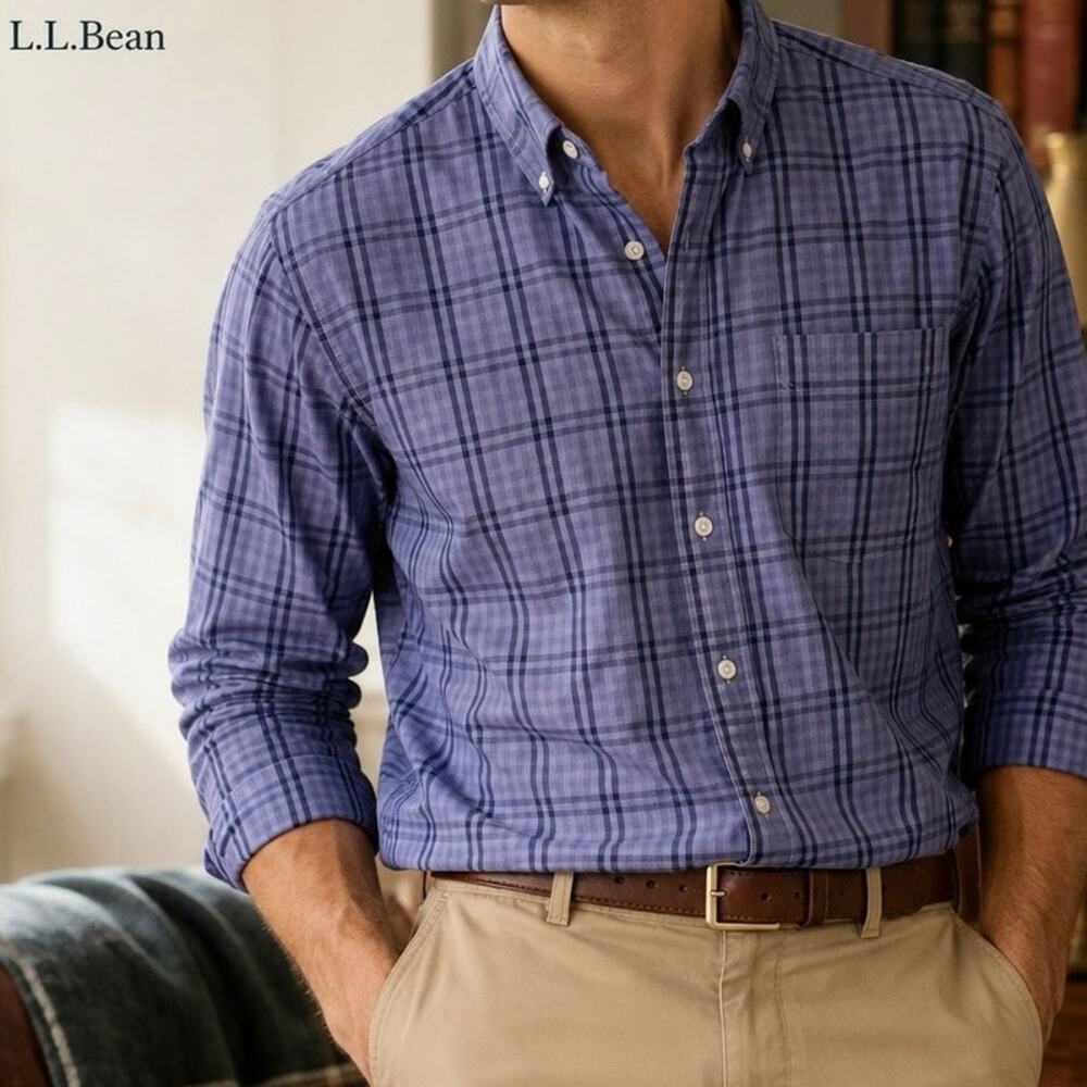 Men’s L.L. Bean Blue/Dark Blue Plaid Button-Down Casual Dress Shirt Workwear